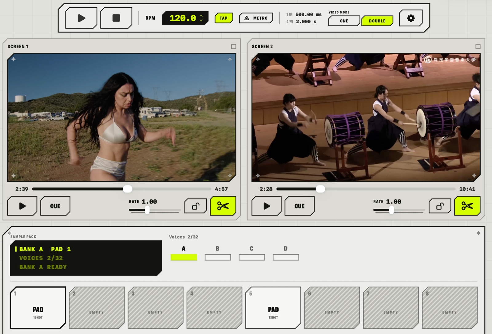 AVS Sampler interface with two video decks, tempo controls and sample pads